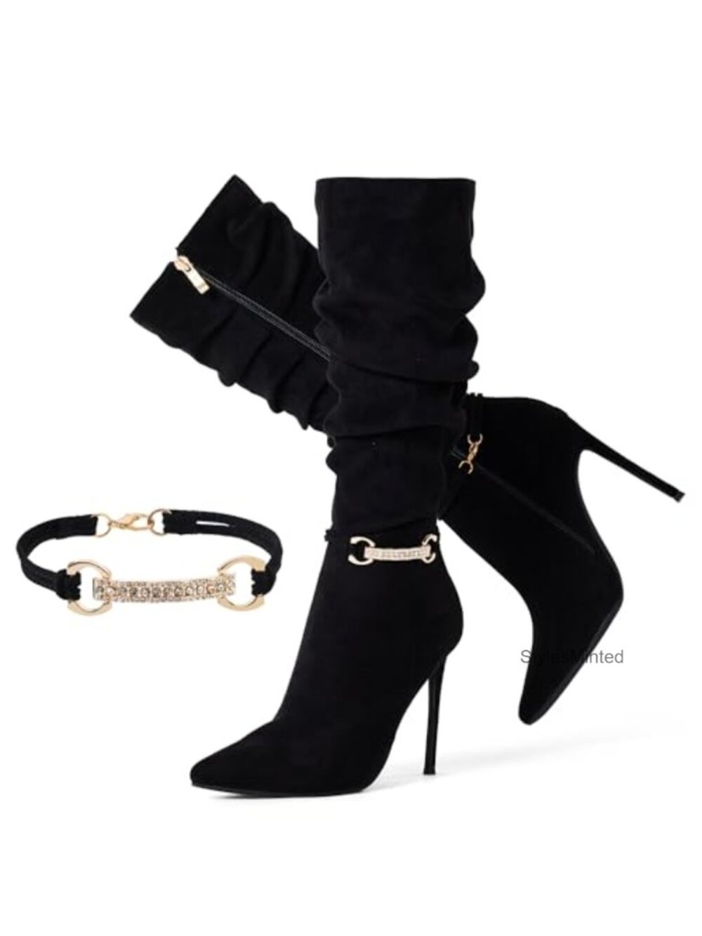 Faux Suede Knee High Boots 4" Stiletto Heel Pointed Toe Side Zipper